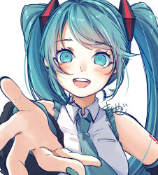 Rule 34 | 1girl, aqua eyes, aqua hair, aqua necktie, arm tattoo, bare shoulders, black sleeves, detached sleeves, hatsune miku, highres, long hair, looking at viewer, mai mugi, necktie, number tattoo, outstretched hand, pov, shirt, sidelocks, simple background, sleeveless, sleeveless shirt, smile, solo, tattoo, teeth, twintails, upper teeth only, very long hair, vocaloid, white background, white shirt