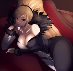 Rule 34 | 1girl, bare shoulders, belt, breasts, cleavage, couch, dress, fur trim, gaien (jin morisono), hand on own chin, heterochromia, high ponytail, highres, hilda (under night in-birth), large breasts, long dress, long hair, multicolored clothes, multicolored dress, on couch, smile, swept bangs, under night in-birth, very long hair