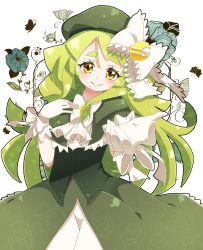 Rule 34 | 10s, 1girl, absurdres, bow, crescent, dress, flower, gen&#039;ei wo kakeru taiyou, gloves, green hair, green hat, hair bow, hand on own chest, hat, highres, long hair, outstretched arm, reaching, reaching towards viewer, smile, solo, tsukuyomi luna, white gloves, yellow eyes, yupiteru