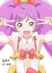 Rule 34 | 1girl, :d, ahoge, armpits, blush, bow, bra strap, breasts, dated, detached collar, detached sleeves, double v, female focus, green eyes, hair bow, hands up, highres, long hair, looking at viewer, manaka laala, open mouth, pretty series, purple hair, simple background, small breasts, smile, solo, teeth, twintails, upper body, upper teeth only, v, v-shaped eyebrows, very long hair, white background, yonekura hisaki