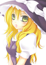 Rule 34 | 1girl, bad id, bad pixiv id, blonde hair, braid, breasts, female focus, green eyes, hat, kirisame marisa, lips, magician&#039;s hat, mikazuki sara, solo, touhou, upper body, white background, witch, witch hat