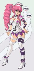 Rule 34 | 1girl, absurdres, alternate costume, alternate hairstyle, black eyes, boots, breasts, cleavage, curvy, devil fruit, drill hair, ghost, hand on own hip, hat, high heel boots, high heels, highres, horo horo no mi, long hair, nurse, nurse cap, official alternate costume, one piece, open mouth, perona, pink hair, ponytail, shiny skin, side ponytail, simple background, thighhighs, very long hair, wide hips