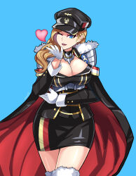 Rule 34 | 1girl, azur lane, bismarck (azur lane), bismarck (azur lane) (cosplay), black cape, blonde hair, blue background, blue eyes, breasts, cape, cleavage, commentary, cosplay, cowboy shot, english commentary, fur-trimmed cape, fur trim, hat, heart, highres, hood (azur lane), large breasts, long hair, looking at viewer, military, military hat, military uniform, one eye closed, open mouth, peaked cap, simple background, smile, solo, thighs, uniform, zer0z vi