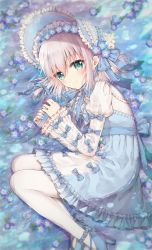 Rule 34 | 1girl, blue bow, blue dress, blue flower, blue footwear, blue headwear, blue nails, blush, bonner, bow, closed mouth, commentary request, dress, flower, green eyes, grey hair, hair between eyes, high heels, highres, juliet sleeves, lolita fashion, long sleeves, lying, mary janes, nagisa (sato ame), nail polish, nemophila (flower), on side, original, pantyhose, puffy sleeves, revision, sato ame, shallow water, shirt, shoes, smile, solo, water, white pantyhose, white shirt