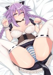 Rule 34 | 1girl, absurdres, alternate costume, animal ears, ass, black dress, blush, bow, braid, breasts, cat ears, cat tail, cleavage, collar, dress, dura, frilled dress, frilled sleeves, frills, highres, long hair, looking at viewer, lying, maid, maid headdress, neptune (neptunia), neptune (series), on back, on bed, open mouth, panties, paw pose, puffy short sleeves, puffy sleeves, purple heart (neptunia), short sleeves, skindentation, solo, spread legs, striped clothes, striped panties, symbol-shaped pupils, tail, thighhighs, twin braids, underwear, very long hair, white bow, white thighhighs, wrist cuffs