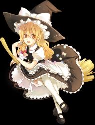 Rule 34 | 1girl, blonde hair, bloomers, braid, broom, broom riding, buttons, female focus, full body, hair ribbon, hat, highres, kirisame marisa, long hair, mary janes, open mouth, ribbon, shoes, sidesaddle, smile, solo, star (symbol), thighhighs, touhou, transparent background, underwear, white thighhighs, witch, witch hat, yellow eyes, yunomachi