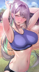 Rule 34 | 1girl, absurdres, armpits, arms up, black buruma, blue sports bra, blush, breasts, buruma, butt crack, commentary request, ear blush, eyelashes, gentsuki, grey hair, hand in own hair, highres, large breasts, long eyelashes, long hair, looking at viewer, navel, open mouth, orange eyes, original, outdoors, ponytail, solo, sports bra, steam, steaming body, stomach, sweat, tying hair, very long hair
