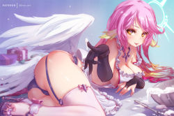 Rule 34 | 1girl, :p, angel, angel wings, apron, ass, blue panties, box, breasts, cleavage, commentary, spiked halo, cross, english commentary, feathered wings, food, garter straps, gift, gift box, gloves, gradient hair, halo, high heels, jibril (no game no life), large breasts, long hair, low wings, lying, magic circle, mitsu (mitsu art), multicolored eyes, multicolored hair, nail polish, naked apron, naughty face, no game no life, on side, orange eyes, panties, pink hair, pink thighhighs, purple footwear, seductive smile, smile, solo, symbol-shaped pupils, thighhighs, thighs, tongue, tongue out, underwear, very long hair, white wings, wing ears, wings, yellow eyes