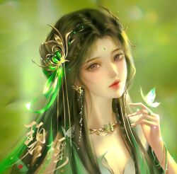 Rule 34 | 1girl, artist request, baiguio (zhu xian), blurry, blurry background, blush, braid, brown hair, bug, butterfly, closed mouth, earrings, facial mark, forehead mark, glowing, hair ornament, hair ribbon, head tilt, highres, insect, jewelry, long hair, looking at viewer, necklace, ribbon, second-party source, solo, upper body, zhu xian