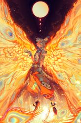 Rule 34 | 1girl, absurdres, baggy pants, belt, bird, blouse, bow, breasts, buckle, buttons, collared shirt, fiery wings, fire, footwear bow, from below, fujiwara no mokou, full body, full moon, gloves, glowing, glowing wings, grey hair, hair bow, hand in pocket, hand up, high heels, highres, hime cut, long hair, looking at viewer, looking down, medium breasts, mengyou zhanshi, moon, ofuda, ofuda on clothes, orange eyes, orange wings, pants, parted lips, phoenix, profile, puffy short sleeves, puffy sleeves, red eyes, red pants, shirt, shoes, short sleeves, sidelocks, solo, sparks, star (sky), suspenders, teeth, torn clothes, torn shirt, torn sleeves, touhou, very long hair, white belt, white gloves, white shirt, wing collar, wings