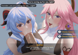 Rule 34 | ..., 1boy, 2girls, :&gt;=, aether (genshin impact), ahoge, black gloves, blue hair, blush, breasts, censored, english text, erection, fellatio, ffm threesome, ganyu (genshin impact), genshin impact, gloves, group sex, hair ornament, heart, horns, japanese clothes, jornyhail, large breasts, lips, looking at viewer, miko, mosaic censoring, multiple girls, open mouth, oral, penis, pink hair, purple eyes, saliva, saliva trail, stray pubic hair, take your pick, thought bubble, threesome, tongue, tongue out, yae miko