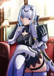 Rule 34 | 1girl, absurdres, alisa (punishing: gray raven), black bow, black dress, bob cut, book, bow, breasts, couch, dress, grey hair, hair bow, hair intakes, headgear, highres, holding, holding book, indoors, joints, large breasts, littlesnow33, mechanical arms, mechanical legs, on couch, punishing: gray raven, purple eyes, reading, robot joints, sidelocks, solo