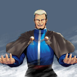 Rule 34 | 1boy, aerokinesis, beard, blue eyes, blue robe, capelet, commentary request, earrings, facial hair, goenitz, grey hair, highres, jewelry, looking at viewer, male focus, open mouth, priest, robe, single earring, smile, solo, teeth, the king of fighters, tsubure manjuu, upper body, wind