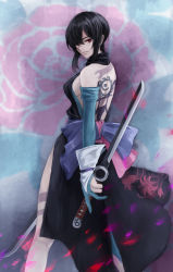 Rule 34 | 1girl, backless outfit, black hair, breasts, highres, large breasts, looking at viewer, red eyes, samurai spirits, shiki (samurai spirits), sideboob, snk, sword, weapon