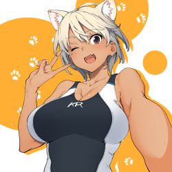 Rule 34 | 1girl, ;d, absurdres, animal ears, bad id, bad pixiv id, blonde hair, breasts, cat ears, cleavage, competition swimsuit, dark-skinned female, dark skin, fang, hair between eyes, hand up, highres, kr ohoshisama, large breasts, nail polish, one-piece swimsuit, one eye closed, open mouth, original, paw print, paw print background, pink nails, short hair, skin fang, smile, swimsuit, tan, upper body, v