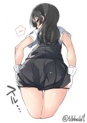 Rule 34 | 10s, 1girl, bad id, bad twitter id, black hair, black skirt, blush, cowboy shot, cropped legs, ebifurya, from behind, gloves, hair ornament, hairclip, highres, inactive account, kantai collection, long hair, looking at viewer, looking back, oyashio (kancolle), panties, panty pull, pleated skirt, profile, pulled by self, short sleeves, simple background, skirt, sleeveless, solo, spoken blush, thigh gap, twitter username, underwear, white background, white gloves, yellow eyes