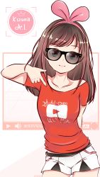 Rule 34 | 1girl, :3, absurdres, aqua eyes, arm behind back, artist name, black-framed eyewear, breasts, brown hair, character name, clothes writing, collarbone, commentary, contrapposto, cowboy shot, english commentary, fklars, glasses, hair ornament, highres, kizuna ai, kizuna ai inc., long hair, looking at viewer, medium breasts, multicolored hair, off shoulder, pink hair, play button, pointing, pointing at self, red shirt, shirt, short shorts, short sleeves, shorts, smug, solo, standing, streaked hair, sunglasses, t-shirt, twitter username, virtual youtuber, white shorts, youtube