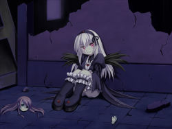 Rule 34 | 00s, 1girl, atsushima you, cross, doll, frilled socks, frills, goth fashion, hairband, inverted cross, long hair, pink eyes, rozen maiden, sitting, smile, socks, solo, suigintou, white hair, wings
