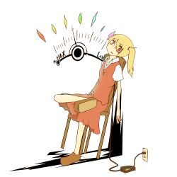 Rule 34 | 1girl, blonde hair, cable, chair, charging, electric plug, electrical outlet, female focus, flandre scarlet, highres, keine89, kemosan, kimosan, leaning back, red eyes, short hair, side ponytail, sitting, skirt, skirt set, solo, touhou, wings