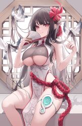 Rule 34 | 1girl, @ @, absurdres, animal, bare arms, bare legs, bare shoulders, bird, black hair, breasts, china dress, chinese clothes, cleavage, closed mouth, clothing cutout, commission, dove, dress, erbium, folding fan, hair ribbon, hand fan, hands up, highres, holding, holding fan, large breasts, long hair, looking at viewer, mole, mole under eye, multicolored hair, no bra, no panties, original, pelvic curtain, red eyes, ribbon, rope, second-party source, sitting, sleeveless, sleeveless dress, smile, solo, tassel, taut clothes, thighs, two-tone hair, underboob, underboob cutout, very long hair, white dress