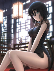 Rule 34 | 1girl, backlighting, between legs, birdcage, black dress, black hair, breasts, cage, china dress, chinese clothes, closed mouth, dress, floral print, fubuki (one-punch man), green eyes, hair between eyes, hand between legs, highres, indoors, looking at viewer, medium breasts, one-punch man, pelvic curtain, short dress, short hair, short sleeves, siraha, solo