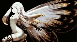 Rule 34 | 1girl, aerie (bravely default), arched back, black thighhighs, blonde hair, blunt bangs, bravely default: flying fairy, bravely default (series), butterfly wings, cropped, dress, fairy, gloves, insect wings, long hair, multicolored hair, no nose, official art, pointy ears, smile, solo, square enix, strapless, strapless dress, thighhighs, white dress, white hair, wings, yoshida akihiko