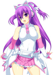 Rule 34 | 1girl, :d, animal ears, bare shoulders, beatmania, beatmania iidx, belt, blush, breasts, cat ears, covered navel, elbow gloves, fingerless gloves, gloves, headphones, impossible clothes, impossible shirt, kinoshita ichi, long hair, mizushiro celica, open mouth, pleated skirt, purple eyes, purple hair, shirt, simple background, skirt, smile, solo, standing, turtleneck, uniform, white background