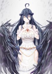 Rule 34 | 1girl, absurdres, albedo (overlord), bare shoulders, black hair, black wings, breasts, crossed fingers, demon girl, demon horns, demon wings, deoxysilicic acid, dress, gloves, hair between eyes, highres, horns, interlocked fingers, large breasts, large wings, long hair, looking at viewer, low wings, open mouth, overlord (maruyama), short sleeves, simple background, smile, solo, thighhighs, white dress, white gloves, wings, yellow eyes