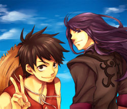 Rule 34 | 00s, 2boys, black eyes, black hair, chiori, cloud, crossover, day, hat, long hair, male focus, monkey d. luffy, multiple boys, one piece, purple hair, sky, smile, straw hat, tales of (series), tales of vesperia, v, yuri lowell
