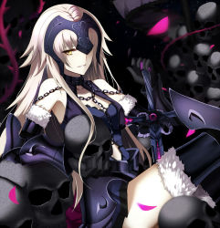 Rule 34 | armor, armored dress, black gloves, black thighhighs, blonde hair, blurry, breasts, chain, depth of field, dress, elbow gloves, fate/grand order, fate (series), fur-trimmed gloves, fur-trimmed legwear, fur trim, gauntlets, gloves, headpiece, highres, holding, holding skull, jeanne d&#039;arc (fate), jeanne d&#039;arc (ruler) (fate), jeanne d&#039;arc alter (avenger) (fate), jeanne d&#039;arc alter (avenger) (third ascension) (fate), jeanne d&#039;arc alter (fate), long hair, looking at viewer, medium breasts, parted lips, petals, shigure s, sitting, skull, sleeveless, sleeveless dress, solo, thighhighs, yellow eyes