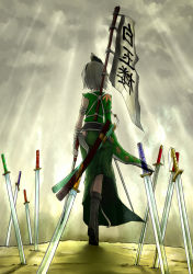 Rule 34 | 1girl, absurdres, adapted costume, bandages, banner, boots, chongtian yixiao shualuanfei, dress, dual wielding, field of blades, from behind, green dress, hair ribbon, highres, holding, katana, konpaku youmu, light rays, multiple swords, planted sword, planted, ribbon, silver hair, solo, sunbeam, sunlight, sword, tassel, torn clothes, torn sleeve, touhou, weapon