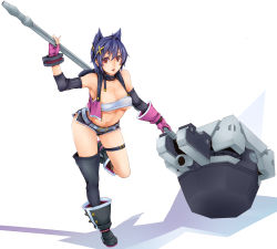 Rule 34 | 10s, 1girl, afurichin, arm warmers, bandeau, belt, black hair, black thighhighs, boots, breasts, brown eyes, cleavage, fang, fingerless gloves, full body, gloves, god eater, god eater 2: rage burst, hair ornament, hairclip, highres, huge weapon, kouzuki nana, leaning forward, leg up, medium breasts, midriff, navel, open mouth, purple gloves, shadow, short hair, short shorts, shorts, simple background, single thighhigh, solo, standing, standing on one leg, strapless, thigh strap, thighhighs, tube top, underboob, vest, weapon, white background