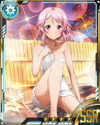Rule 34 | 10s, 1girl, bare shoulders, breasts, card (medium), cleavage, collarbone, convenient censoring, hair ornament, hairclip, lisbeth (sao), lisbeth (sao-alo), looking at viewer, naked towel, night, onsen, outdoors, pink hair, pointy ears, red eyes, short hair, sitting, sky, smile, solo, star (sky), star (symbol), starry sky, sword art online, towel, wet, white towel