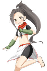 Rule 34 | 1girl, :d, aikawa ryou, asymmetrical bangs, bike shorts, black shorts, blush, breasts, brown eyes, brown footwear, commentary request, crop top, elbow gloves, fingerless gloves, forehead, gloves, green gloves, grey hair, high ponytail, highres, holding, kunai, kunoichi tsubaki no mune no uchi, long hair, looking at viewer, midriff, navel, open mouth, orange scarf, pelvic curtain, ponytail, sandals, scarf, short shorts, short sleeves, shorts, simple background, small breasts, smile, solo, standing, standing on one leg, toenails, tsubaki (kunoichi tsubaki no mune no uchi), very long hair, weapon, white background, zouri
