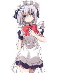 Rule 34 | 1girl, alternate costume, apron, back bow, blue ribbon, blue shirt, blue skirt, bow, bowtie, cowboy shot, date a live, enmaided, garter straps, hair ribbon, kasuga kaya, looking at viewer, maid, maid headdress, miniskirt, pleated skirt, red bow, red bowtie, ribbon, shirt, short hair, short sleeves, silver hair, simple background, sketch, skirt, solo, standing, thighhighs, tobiichi origami, white apron, white background, white thighhighs, zettai ryouiki