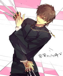 Rule 34 | 1boy, between fingers, black keys (type-moon), brown eyes, brown hair, command spell, cross, cross necklace, fate/zero, fate (series), holding, jewelry, kotomine kirei, male focus, necklace, solo, zaqloxxx