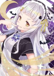 Rule 34 | 1girl, absurdres, black jacket, blush, closed mouth, commentary request, crescent moon, dress, finger to mouth, hair ornament, hair ribbon, highres, hololive, jack-o&#039;-lantern, jack-o&#039;-lantern hair ornament, jacket, long hair, looking at viewer, maid headdress, moon, murasaki shion, nail polish, open clothes, open jacket, purple nails, ribbon, shima46, short eyebrows, short sleeves, silk, silver hair, smile, solo, sparkle, spider web, v-shaped eyebrows, very long hair, virtual youtuber, white dress, yellow eyes, yellow ribbon