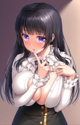 Rule 34 | 1girl, :o, bang dream!, black hair, black ribbon, black skirt, blunt bangs, breast suppress, breasts, brown background, cleavage, commentary request, finger to mouth, frilled shirt collar, frilled sleeves, frills, high-waist skirt, hime cut, index finger raised, lambda (kusowarota), large breasts, long hair, long sleeves, looking at viewer, neck ribbon, purple eyes, ribbon, shadow, shirokane rinko, shirt, sidelocks, simple background, skirt, solo, sweat, unbuttoned, unbuttoned shirt, upper body, white shirt