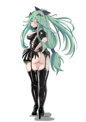Rule 34 | 1girl, absurdres, alternate costume, alternate hairstyle, anus, ass, ass grab, baji toufuu (bajitohfu), black dress, black footwear, black thighhighs, boots, breasts, censored, cleft of venus, cosplay, dress, from behind, garter straps, gloves, green eyes, green hair, hair between eyes, hair flaps, hair ornament, hair ribbon, hairclip, halloween, halloween costume, highres, johnston (kancolle), johnston (kancolle) (cosplay), kantai collection, latex, latex boots, latex dress, long hair, looking at viewer, looking back, medium breasts, off shoulder, parted bangs, ponytail, pussy, pussy peek, ribbon, shiny clothes, sidelocks, single glove, solo, spread anus, spread ass, standing, thigh boots, thighhighs, vampire costume, yamakaze (kancolle)