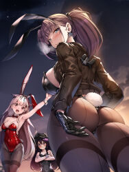 Rule 34 | 3girls, absurdres, akatsuki (kancolle), animal ears, arm up, armpits, ass, atlanta (kancolle), black gloves, black hair, black jacket, black leotard, black pantyhose, blonde hair, blush, breasts, brown hair, character request, cleavage, commentary request, covered navel, crossed arms, earrings, fake animal ears, fake tail, gloves, highres, jacket, jewelry, kantai collection, large breasts, leotard, long hair, long sleeves, looking at viewer, looking back, medium breasts, multiple girls, night, night sky, outdoors, pantyhose, playboy bunny, purple hair, rabbit ears, rabbit tail, red leotard, sky, smile, standing, tail, thighs, torisan, twintails, yuudachi (kancolle), yuudachi kai ni (kancolle)