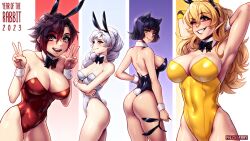 Rule 34 | 2023, 4girls, animal ears, armpits, arms behind head, artist name, ass, black hair, black leotard, blake belladonna, blonde hair, blue eyes, bow, bowtie, breasts, cat ears, cat girl, chinese zodiac, cleavage, covered navel, cowboy shot, crossed arms, curvy, detached collar, double v, english text, fake animal ears, fake tail, female focus, gold leotard, grey eyes, grin, hairband, highleg, highleg leotard, highres, holding, holding hairband, large breasts, leotard, long hair, looking at viewer, medium breasts, multiple girls, one eye closed, orange eyes, phloxberry, playboy bunny, purple eyes, rabbit ears, rabbit tail, red hair, red leotard, ruby rose, rwby, shiny skin, short hair, smile, tail, thighs, thong, thong leotard, toned, v, weiss schnee, white hair, wink, wrist cuffs, yang xiao long, year of the rabbit