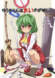 Rule 34 | 1girl, ascot, bamboo broom, between legs, blush, broom, carrot, closed umbrella, cover, cover page, cucumber, eggplant, female focus, full body, furrowed brow, gohei, green hair, kazami yuuka, looking at viewer, pillar, plaid, plaid skirt, plaid vest, red eyes, road sign, rod of remorse, sama samasa, scroll, sexually suggestive, shadow, shirt, short hair, sign, skirt, skirt set, solo, squatting, touhou, translation request, umbrella, v arms, vest