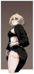 Rule 34 | 1girl, ahoge, ass, asymmetrical clothes, black bra, black jacket, black pants, blonde hair, border, borrowed character, bra, brown background, chris (ginseng), closed mouth, cowboy shot, from behind, gogalking, hair between eyes, highres, jacket, looking at viewer, open clothes, open jacket, original, panties, pants, panty peek, red panties, simple background, single pantsleg, solo, standing, torn clothes, torn pants, underwear, white border, yellow eyes