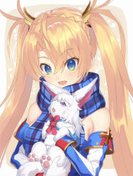 Rule 34 | 1girl, :d, bare shoulders, blonde hair, blue eyes, blue scarf, blush, bradamante (fate), braid, breasts, commentary request, creature, crown braid, detached sleeves, fate/grand order, fate (series), fou (fate), gloves, hair between eyes, hair ornament, highres, kaina (tsubasakuronikuru), long hair, long sleeves, medium breasts, hugging object, open mouth, plaid, plaid scarf, purple eyes, scarf, sidelocks, smile, twintails, upper body, very long hair, white gloves, white sleeves