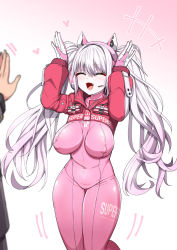 Rule 34 | +++, 1girl, alice (nikke), animal ear headphones, animal ears, blush, bodysuit, breasts, covered erect nipples, covered navel, cropped jacket, fake animal ears, fang, fumutarou, gloves, goddess of victory: nikke, grey hair, headphones, headset, impossible bodysuit, impossible clothes, jacket, large breasts, latex, latex bodysuit, laughing, long hair, long sleeves, medium breasts, open mouth, pink bodysuit, pink eyes, pink gloves, puffy sleeves, rabbit ears, red jacket, sidelocks, skin tight, smile, solo, twintails, two-tone gloves, white gloves