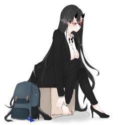 Rule 34 | 1girl, abyssal ship, alternate costume, backpack, bag, battleship princess, black hair, black nails, breasts, colored skin, commentary request, formal, hi ye, high heels, horns, kantai collection, large breasts, long hair, nail polish, office lady, pale skin, red eyes, unworn shoe, shoes, unworn shoes, single shoe, sitting, solo, suit, very long hair, white background, white skin
