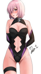 Rule 34 | 1girl, arms behind back, black gloves, black leotard, clothing cutout, cowboy shot, elbow gloves, fate/grand order, fate (series), gloves, hair over one eye, highleg, highleg leotard, highres, leotard, looking at viewer, mash kyrielight, navel cutout, pink hair, purple eyes, short hair, signature, simple background, solo, standing, thigh strap, white background, yoo tenchi