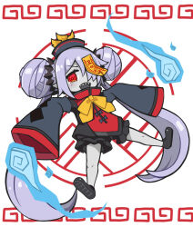 1girl bow chinese_clothes colored_skin death_princess_(disgaea) disgaea double_bun grey_skin hair_bun jiangshi jiangshi_costume long_hair makai_senki_disgaea_7 twintails yellow_bow zombie