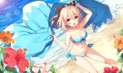 Rule 34 | 1girl, :d, ahoge, arm up, bandeau, bare legs, bare shoulders, barefoot, beach, bikini, blue bikini, blurry, blush, bokeh, bow, breasts, cleavage, collarbone, day, depth of field, dutch angle, fate (series), flower, from above, front-tie bikini top, front-tie top, hair between eyes, hair bow, half updo, haori, japanese clothes, koha-ace, large breasts, looking at viewer, navel, okita souji (fate), okita souji (koha-ace), open mouth, outdoors, pink hair, ponytail, shinsengumi, side-tie bikini bottom, smile, solo, swimsuit, toosaka asagi