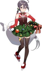Rule 34 | 1girl, akebono (kancolle), black thighhighs, bow, bowtie, christmas, christmas ornaments, christmas wreath, closed mouth, dress, drew (drew213g), full body, green skirt, kantai collection, long hair, looking at viewer, official art, open mouth, red dress, sack, side ponytail, skate, skirt, solo, thighhighs, third-party source, transparent background, very long hair, wreath